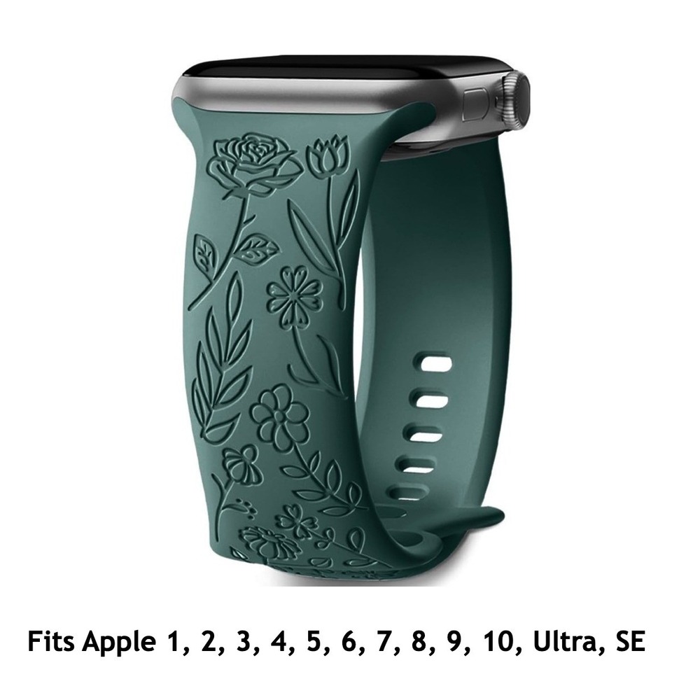 For Apple iWatch Compatible Green Etched Floral Silicone Watch Band 42/44/45mm